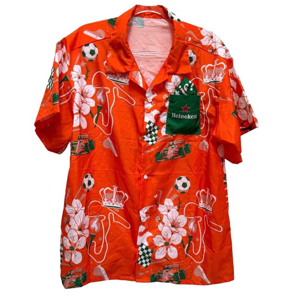 Heineken Dutch Novelty Print Hawaiian Aloha Shirt and Pocket Square Formula 1 F1